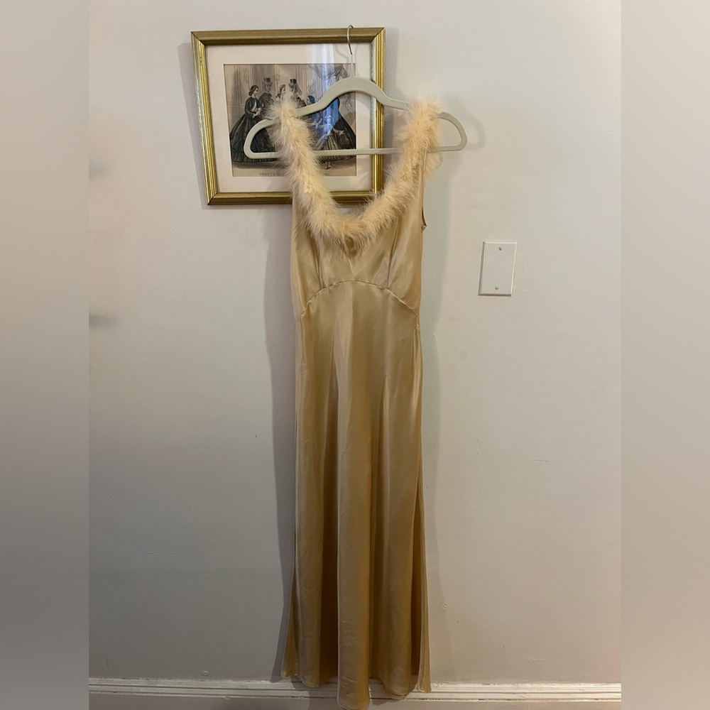 RARE Natori Vintage Champagne Slip Dress With Marabou Feather Trim